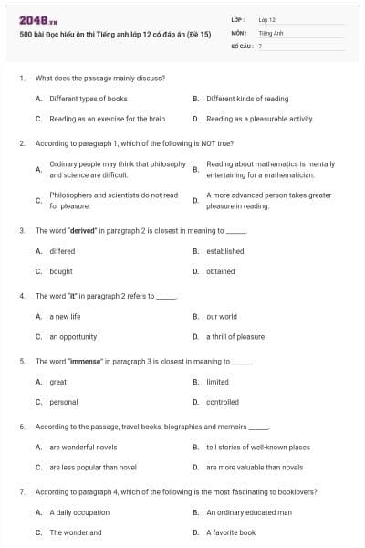 500 bài Đọc hiểu ôn thi Tiếng anh lớp 12 có đáp án (Đề 15)
