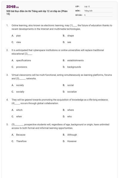 500 bài Đọc điền ôn thi Tiếng anh lớp 12 có đáp án (Phần 15)