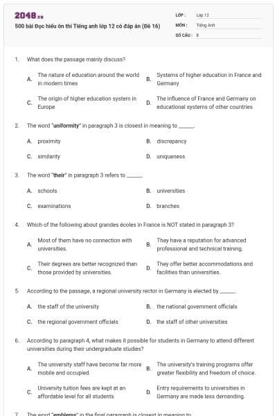 500 bài Đọc hiểu ôn thi Tiếng anh lớp 12 có đáp án (Đề 16)