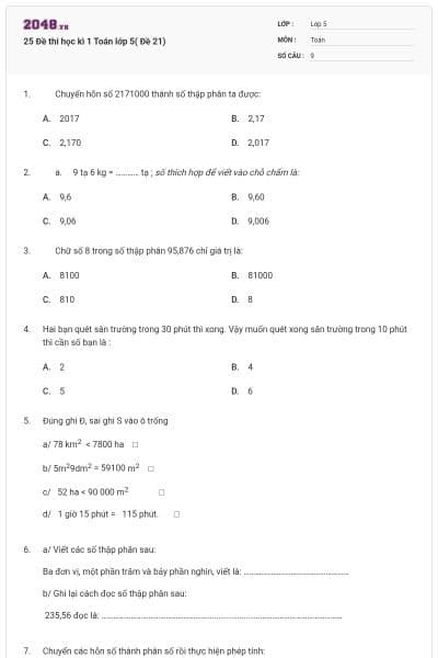 25 Đề thi học kì 1 Toán lớp 5( Đề 21)