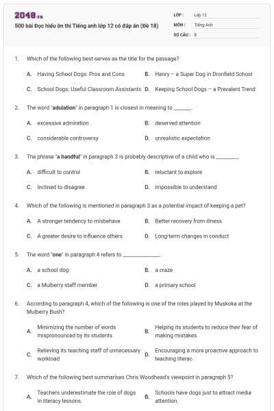 500 bài Đọc hiểu ôn thi Tiếng anh lớp 12 có đáp án (Đề 18)