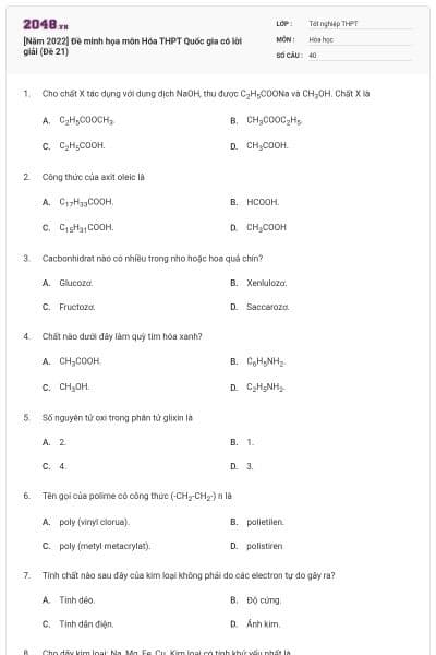 [Năm 2022] Đề minh họa môn Hóa THPT Quốc gia có lời giải (Đề 21)