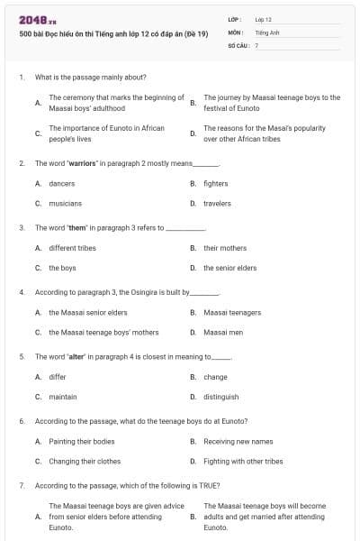 500 bài Đọc hiểu ôn thi Tiếng anh lớp 12 có đáp án (Đề 19)