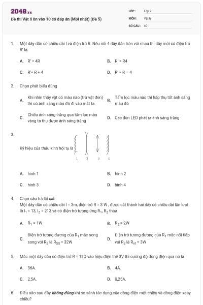 Đề thi Vật lí ôn vào 10 có đáp án (Mới nhất) (Đề 5)
