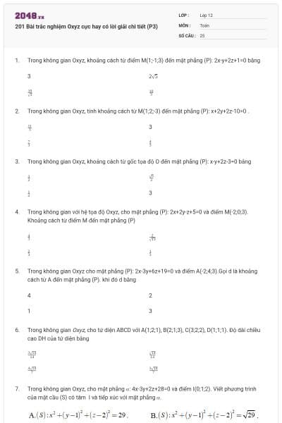 201 Bài trắc nghiệm Oxyz cực hay có lời giải chi tiết (P3)