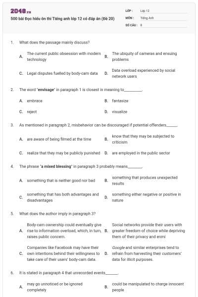 500 bài Đọc hiểu ôn thi Tiếng anh lớp 12 có đáp án (Đề 20)