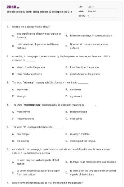 500 bài Đọc hiểu ôn thi Tiếng anh lớp 12 có đáp án (Đề 21)