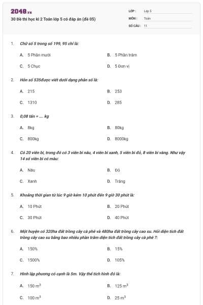 30 Đề thi học kì 2 Toán lớp 5 có đáp án (đề 05)