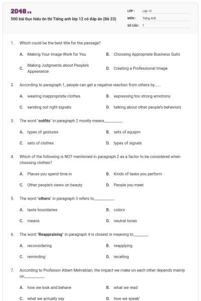 500 bài Đọc hiểu ôn thi Tiếng anh lớp 12 có đáp án (Đề 23)