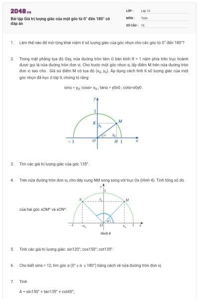 Bài tập Giá trị lượng giác của một góc từ 0° đến 180° có đáp án