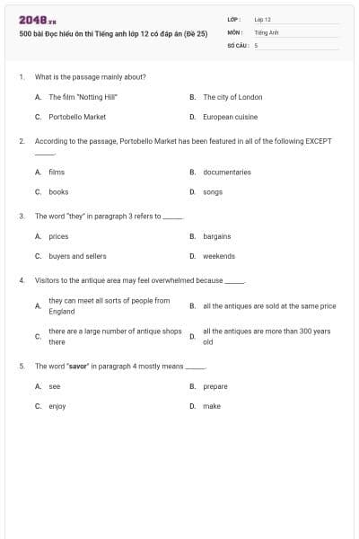 500 bài Đọc hiểu ôn thi Tiếng anh lớp 12 có đáp án (Đề 25)