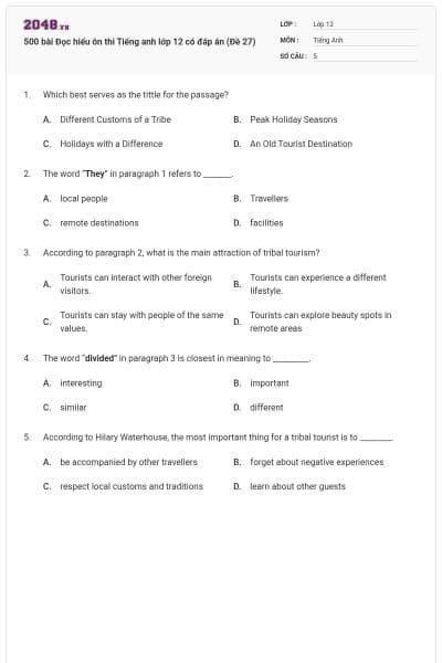 500 bài Đọc hiểu ôn thi Tiếng anh lớp 12 có đáp án (Đề 27)