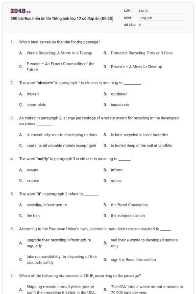 500 bài Đọc hiểu ôn thi Tiếng anh lớp 12 có đáp án (Đề 28)