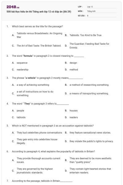 500 bài Đọc hiểu ôn thi Tiếng anh lớp 12 có đáp án (Đề 29)