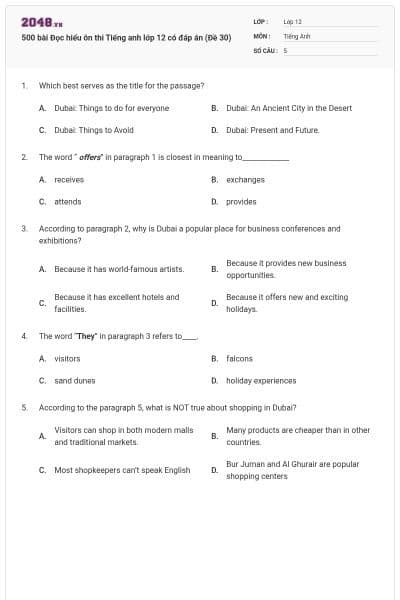 500 bài Đọc hiểu ôn thi Tiếng anh lớp 12 có đáp án (Đề 30)