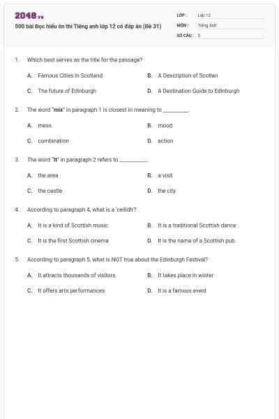 500 bài Đọc hiểu ôn thi Tiếng anh lớp 12 có đáp án (Đề 31)