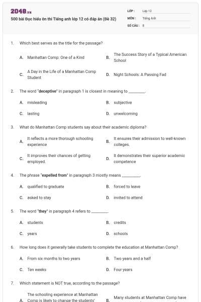 500 bài Đọc hiểu ôn thi Tiếng anh lớp 12 có đáp án (Đề 32)