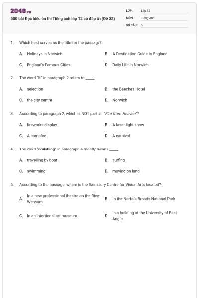 500 bài Đọc hiểu ôn thi Tiếng anh lớp 12 có đáp án (Đề 33)