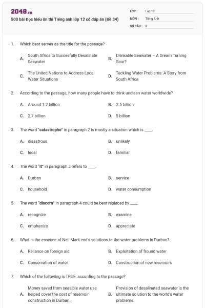 500 bài Đọc hiểu ôn thi Tiếng anh lớp 12 có đáp án (Đề 34)