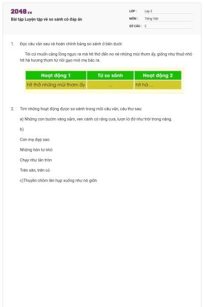 Bài tập Luyện tập về so sánh có đáp án