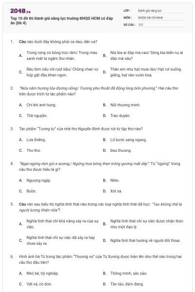 Top 10 đề thi Đánh giá năng lực trường ĐHQG HCM có đáp án (Đề 4)