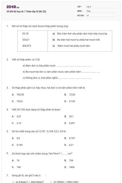 25 Đề thi học kì 1 Toán lớp 5( Đề 22)