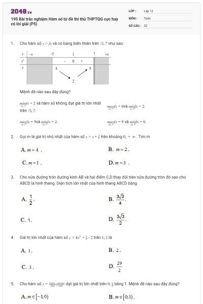 195 Bài trắc nghiệm Hàm số từ đề thi thử THPTQG cực hay có lời giải (P5)