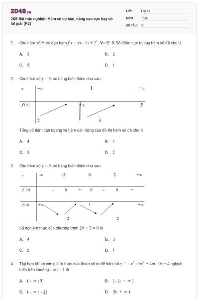 208 Bài trắc nghiệm Hàm số cơ bản, nâng cao cực hay có lời giải (P2)