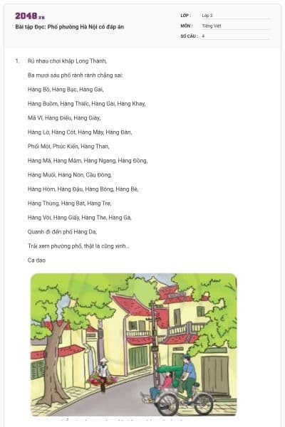 Bài tập Đọc: Phố phường Hà Nội có đáp án