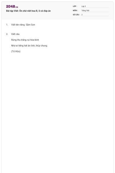 Bài tập Viết: Ôn chữ viết hoa R, S có đáp án