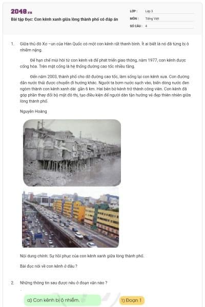 Bài tập Đọc: Con kênh xanh giữa lòng thành phố có đáp án