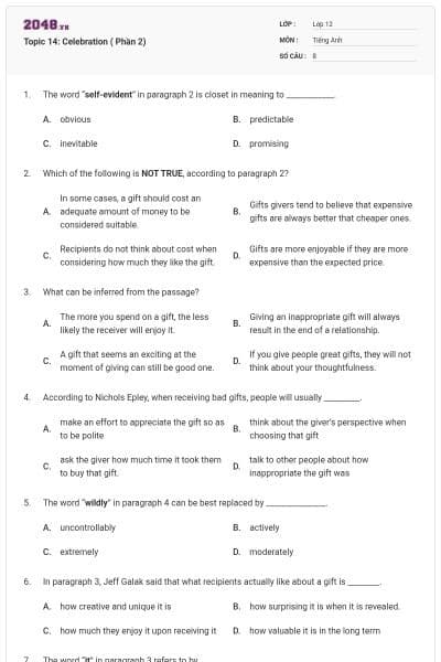 Topic 14: Celebration ( Phần 2)