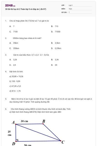 30 Đề thi học kì 2 Toán lớp 5 có đáp án ( đề 07)