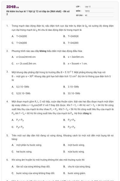 Đề kiểm tra học kì 1 Vật Lý 12 có đáp án (Mới nhất) - Đề số 2