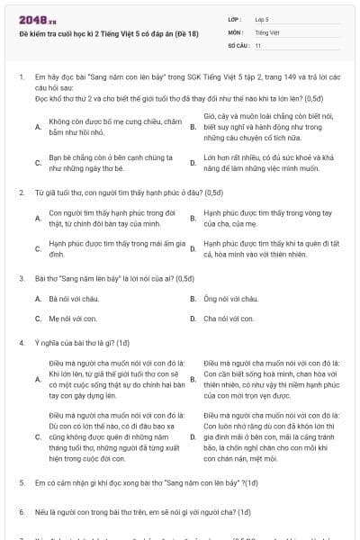 Đề kiểm tra cuối học kì 2 Tiếng Việt 5 có đáp án (Đề 18)