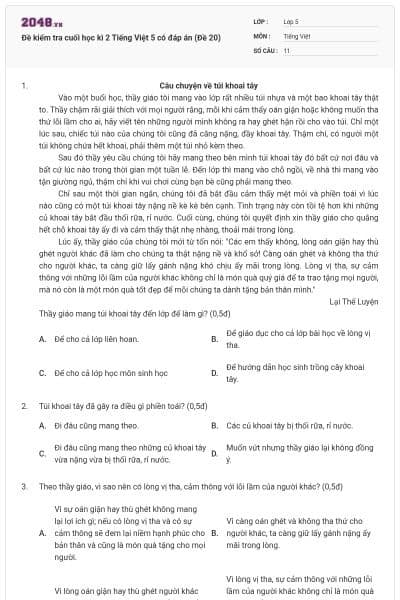 Đề kiểm tra cuối học kì 2 Tiếng Việt 5 có đáp án (Đề 20)