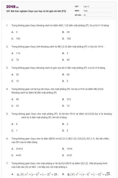 201 Bài trắc nghiệm Oxyz cực hay có lời giải chi tiết (P3)