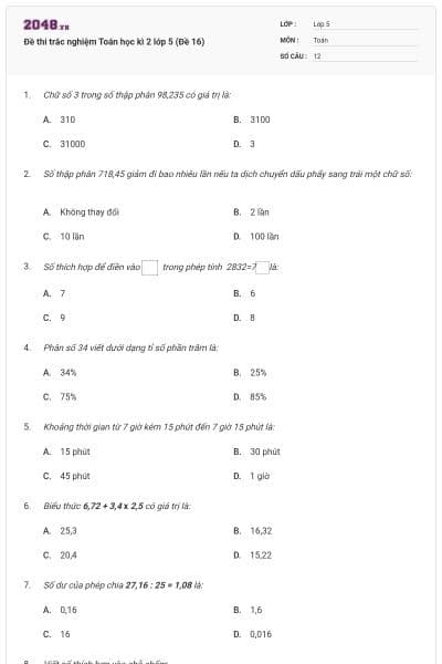 Đề thi trắc nghiệm Toán học kì 2 lớp 5 (Đề 16)