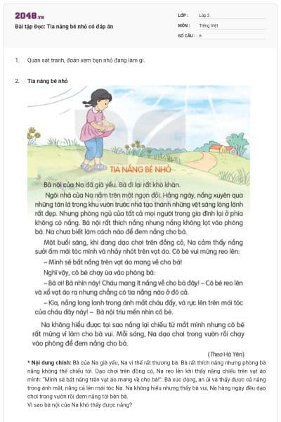 Bài tập Đọc: Tia nắng bé nhỏ có đáp án