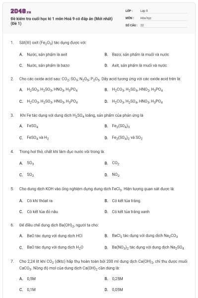 Đề kiểm tra cuối học kì 1 môn Hoá 9 có đáp án (Mới nhất) (Đề 1)