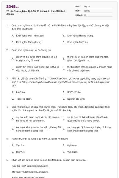 25 câu Trắc nghiệm Lịch Sử 11 Kết nối tri thức Bài 8 có đáp án