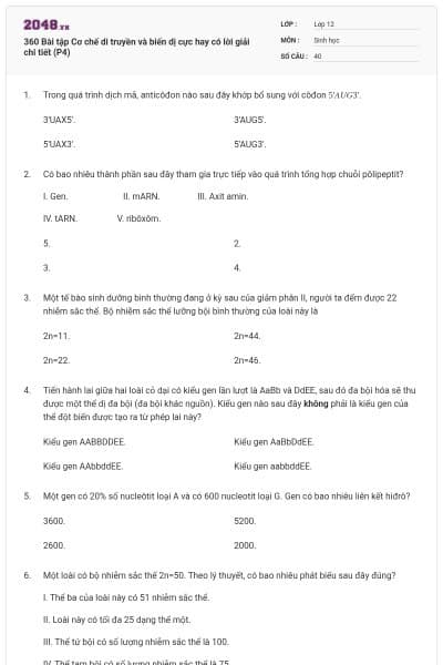 360 Bài tập Cơ chế di truyền và biến dị cực hay có lời giải chi tiết (P4)