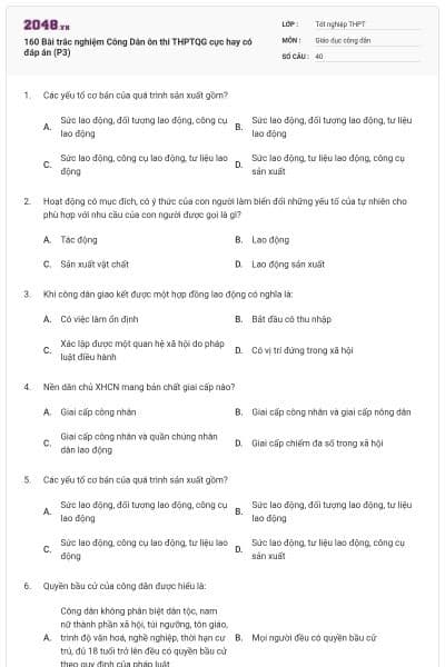 160 Bài trắc nghiệm Công Dân ôn thi THPTQG cực hay có đáp án (P3)