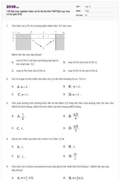 195 Bài trắc nghiệm Hàm số từ đề thi thử THPTQG cực hay có lời giải (P5)