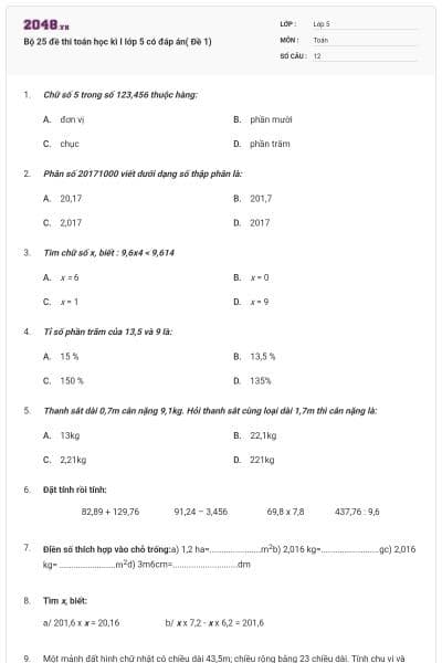 Bộ 25 đề thi toán học kì I lớp 5 có đáp án( Đề 1)