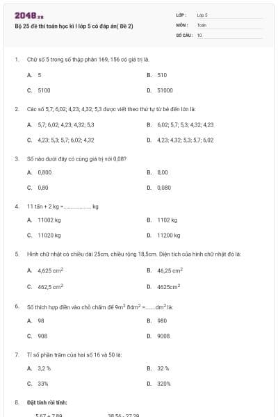 Bộ 25 đề thi toán học kì I lớp 5 có đáp án( Đề 2)
