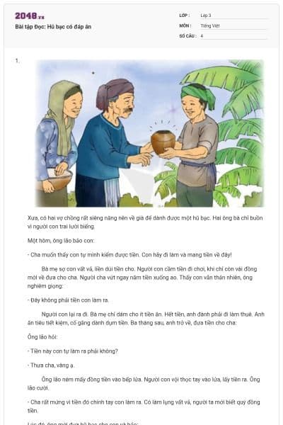 Bài tập Đọc: Hũ bạc có đáp án