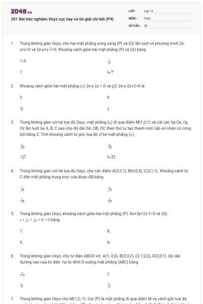 201 Bài trắc nghiệm Oxyz cực hay có lời giải chi tiết (P4)