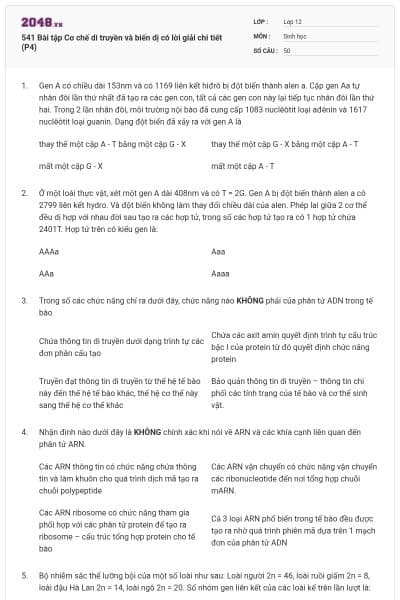 541 Bài tập Cơ chế di truyền và biến dị có lời giải chi tiết (P4)