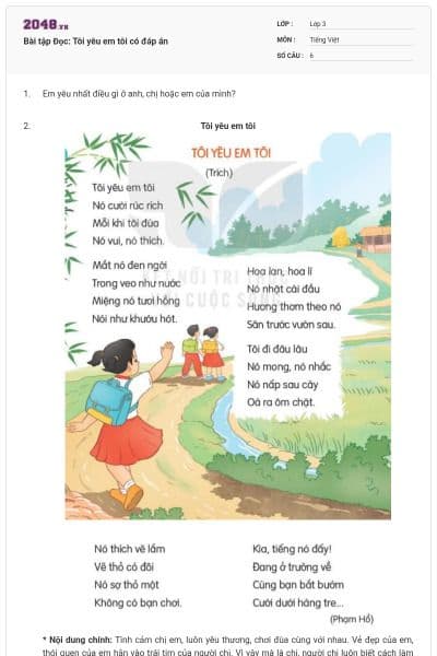 Bài tập Đọc: Tôi yêu em tôi có đáp án